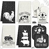 VitalCozy 8 Pcs Farm Animal Theme Kitchen Towels Pot Holders and Oven Mitt Set 4 Farmhouse Dish Towels 2 Rustic Square Potholders 2 Decorative Heat Resistant Glove for Cooking Baking Home Gifting