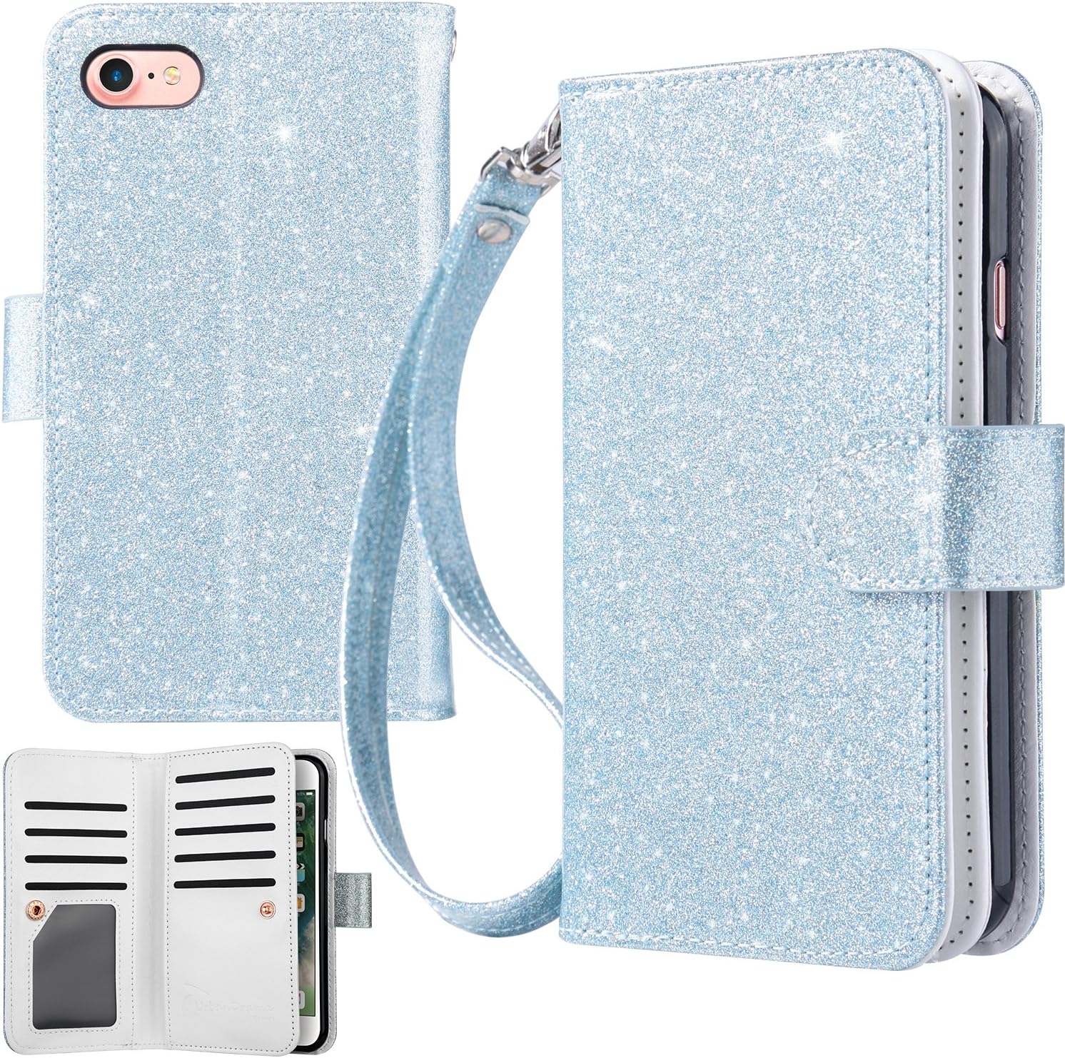 UrbanDrama for Apple iPhone 7 Case Apple iPhone 8 Case, Glitter Shiny Faux Leather Magnetic Closure 9 Credit Card Slots Cash Holder Protective Case for iPhone 7 iPhone 8 4.7 inch, Blue