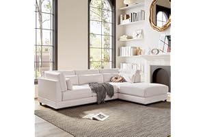 UBGO Large sectional Couch,2 Pieces L Shaped Sofa with Removable Ottomans and Comfortable Waist Pillows,4 Seat Sofa&Couch Mid Century for Apartment,Office,Living Room Furniture Set, 1, Beige