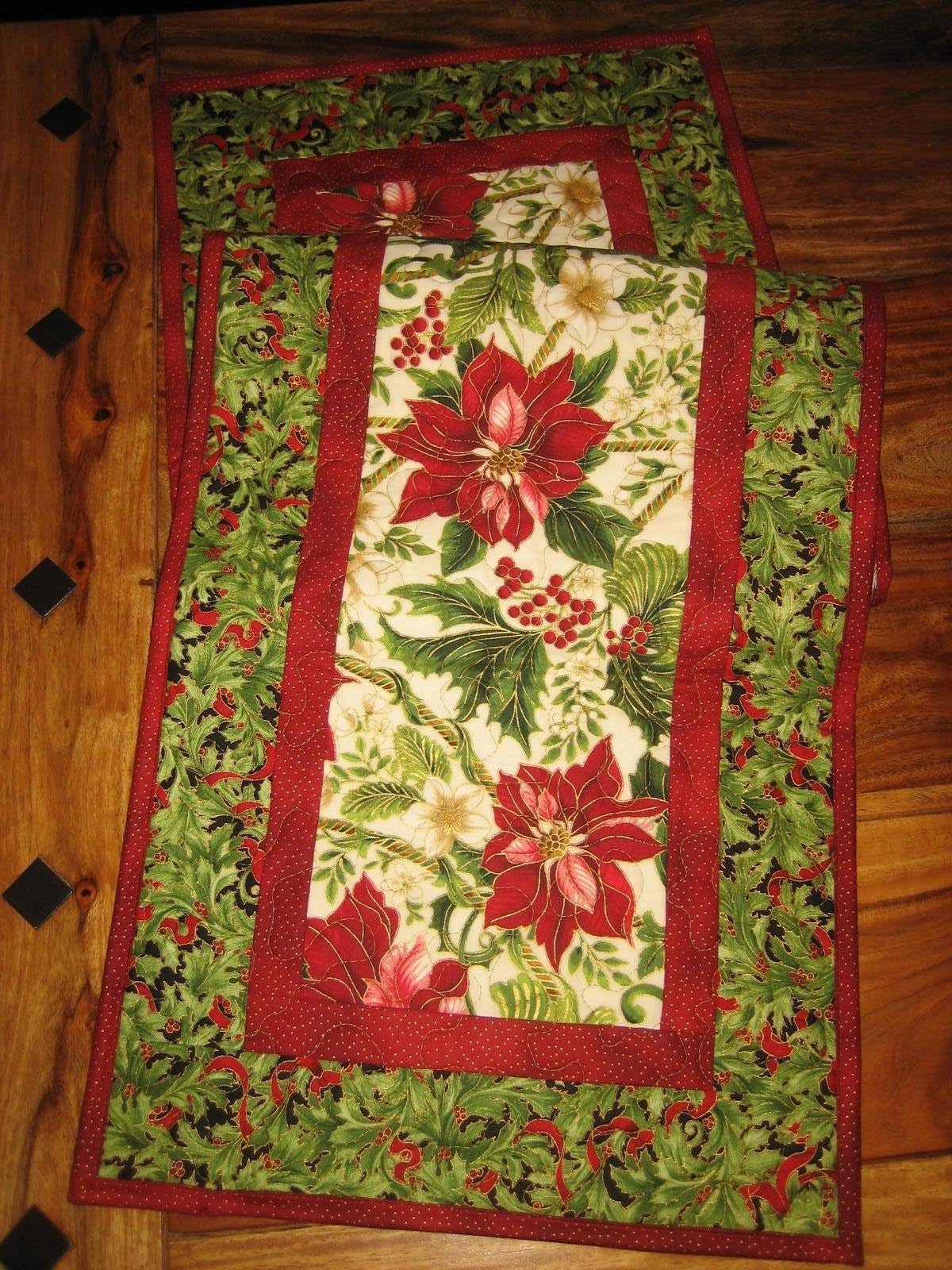 Christmas Holiday Table Runner, Red Poinsettias, Flowers and Holly 14x47", Reversible Quilted