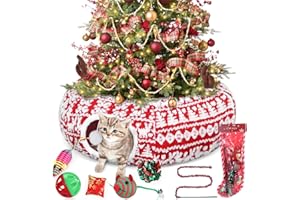 Dansydaisy Cat Tunnel Christmas Tree Skirt, Snowflake Deer Cat Tunnel Bed with Toys, Hanging Ball Plush Washable Cushion and Dangling Balls 3FT Peekaboo Playground for Small Medium Rabbit Xmas Decor