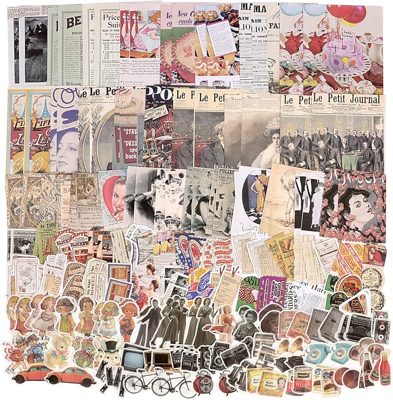 Draupnir 200Pcs Vintage Scrapbooking Stickers Paper Pack DIY Retro Journaling