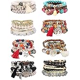 LOYALLOOK 8 Sets Bohemian Stackable Bead Bracelets for Women Stretch Multilayered Boho Stackable Bracelets Stack Beads Multicolor Beaded Strand Bangle Charm Bracelets Boho Tassel Bracelet Set Handmade