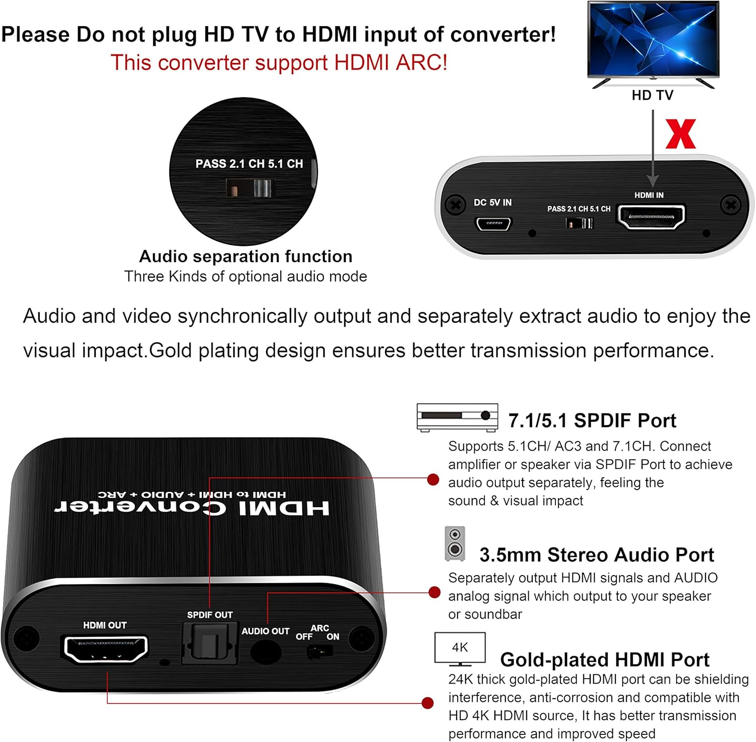 avedio links 4K HDMI Audio Extractor, HDMI to HDMI + Optical Toslink SPDIF + 3.5mm AUX Stereo Audio Out, HDMI Audio Converter Adapter Splitter Support 4K@60Hz HDCP1.4 Full HD 1080P 3D: Electronics
