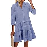CCTOO Women's Summer Dresses Casual V Neck Button Down 3/4 Sleeve Floral Print Loose Flowy Shirt Dress