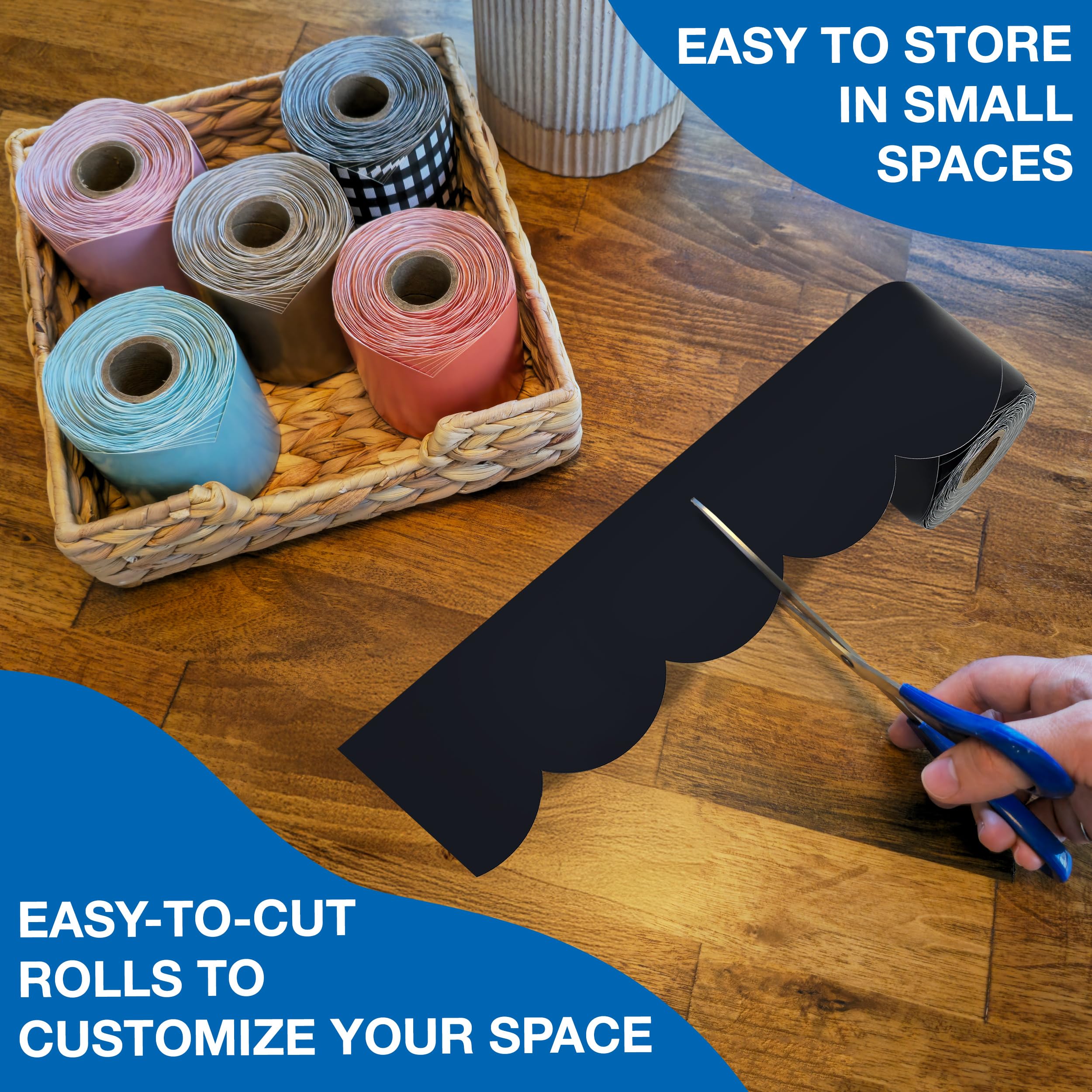 Carson Dellosa Education 65Ft of Black Bulletin Board Borders, 1 Roll of Scalloped Trim for Rolling Whiteboard, Cork and Posterboard, Party, Office Decorations, and Classroom Decor