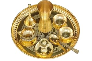 NOBILITY Brass Pooja thali Set 8 Inch with Pital Puja Plate Glass Spoon Ghanti Bowl Kuber Diya Agarbatti Stand Arti Thali for Diwali Home Mandir Office Wedding Return Gift Items