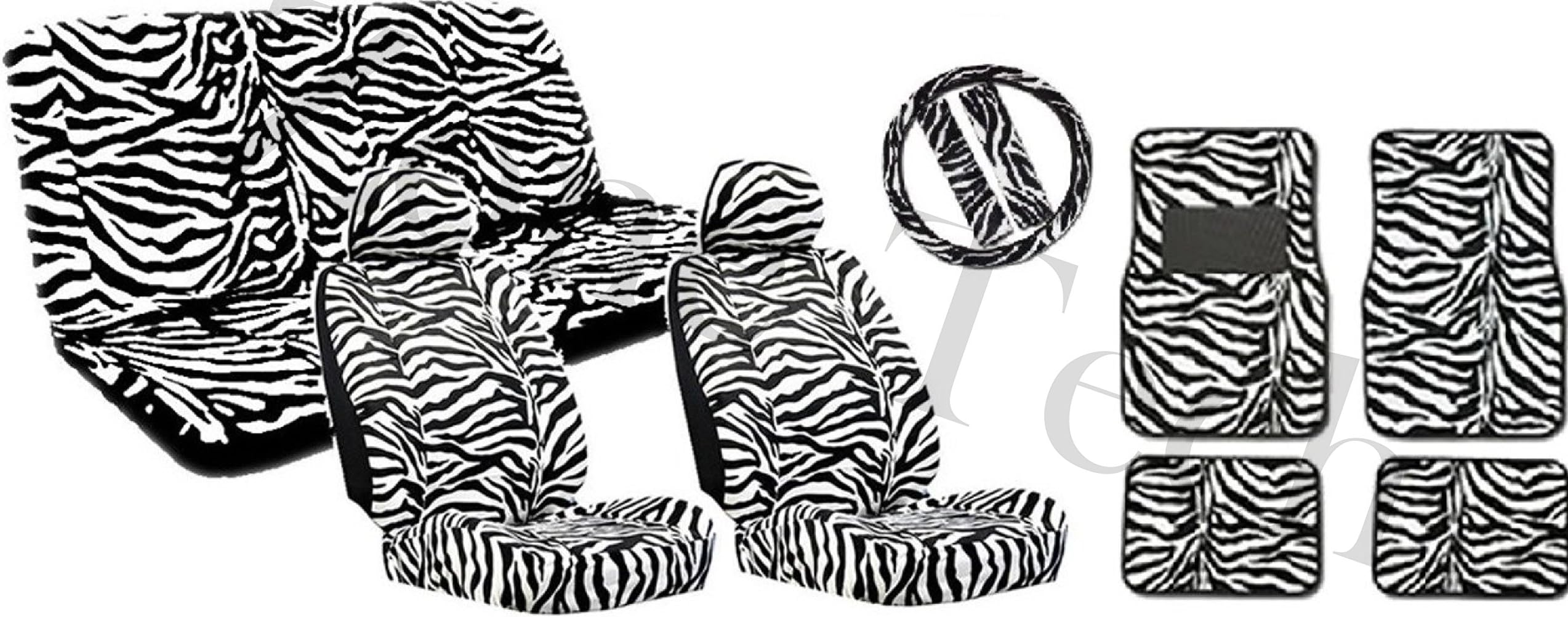 Zone Tech 15 Piece Zebra Print Seat Cover, Steering Wheel Cover, Shoulder Pad, Floor Mat Set