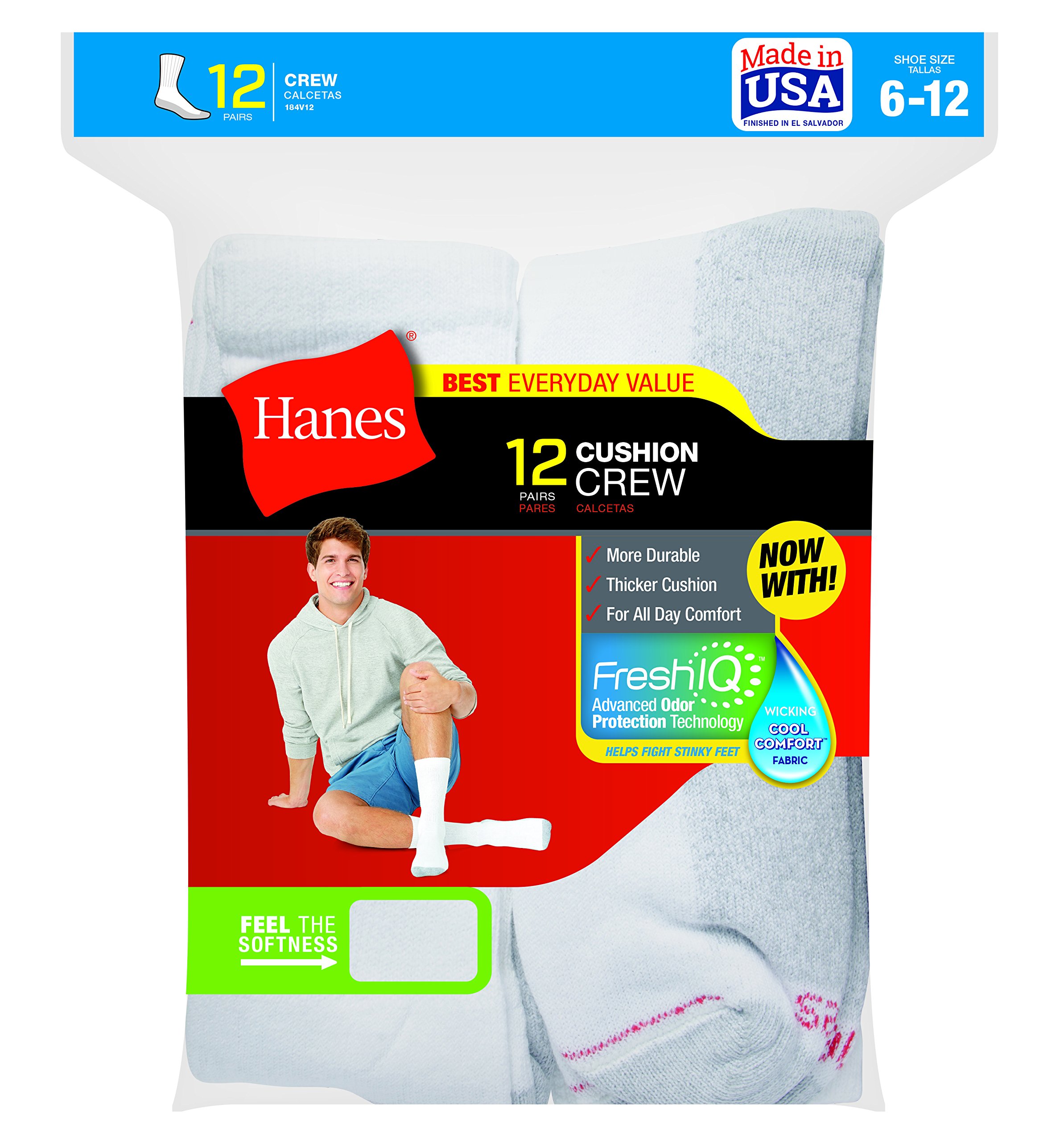 Hanes Mens 12Pack FreshIQ Crew Socks, Cushioned White, Sock Fits Shoe