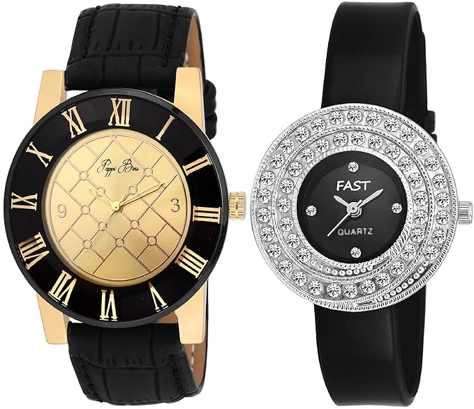 Pappi-Haunt - QUALITY ASSURED - High End Collection GOLDEN DESIRE Leather Analog Wrist Watch for Boys, Men & Sober Black Stone Studded Wrist Watch for Girls, Women - Couple Pack