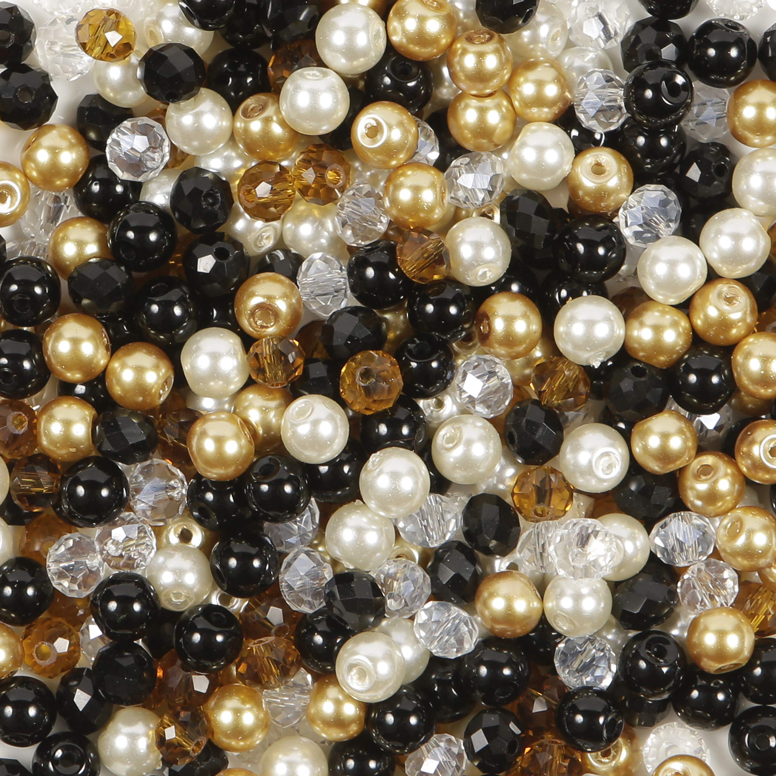 420 Pieces 6mm Round Glass Pearl Beads and 6mm Rondelle Crystal Glass Beads in Black White Clear Amber and Gold Colours for Jewellery Making and Arts and Crafts