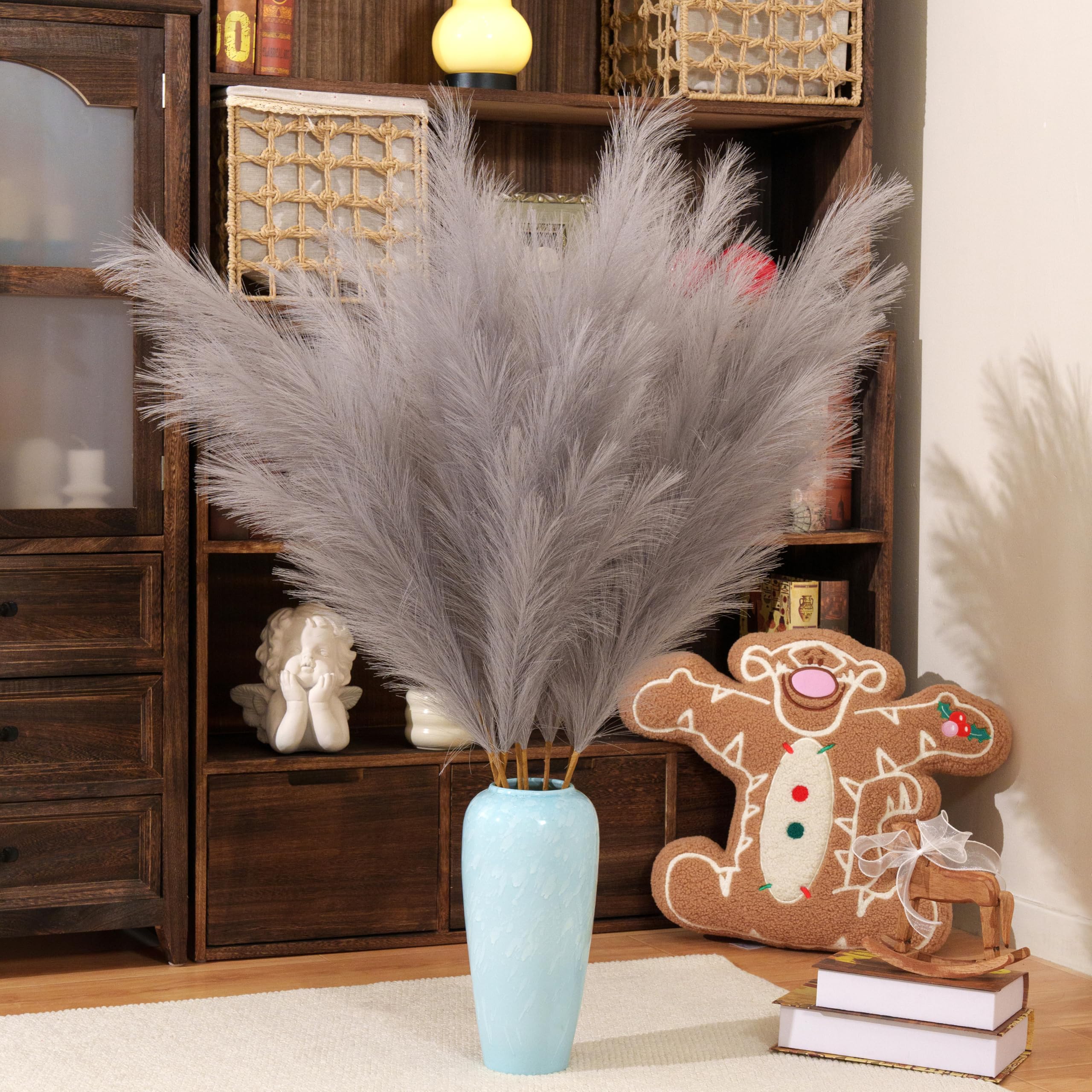 Pampas Grass Decor Tall,Large Pampas Floral Fluffy,Long Feather Flowers for Boho Wedding Arangement Bedroom Living Room Decorations (grey, 8pcs 43.3"/110cm)
