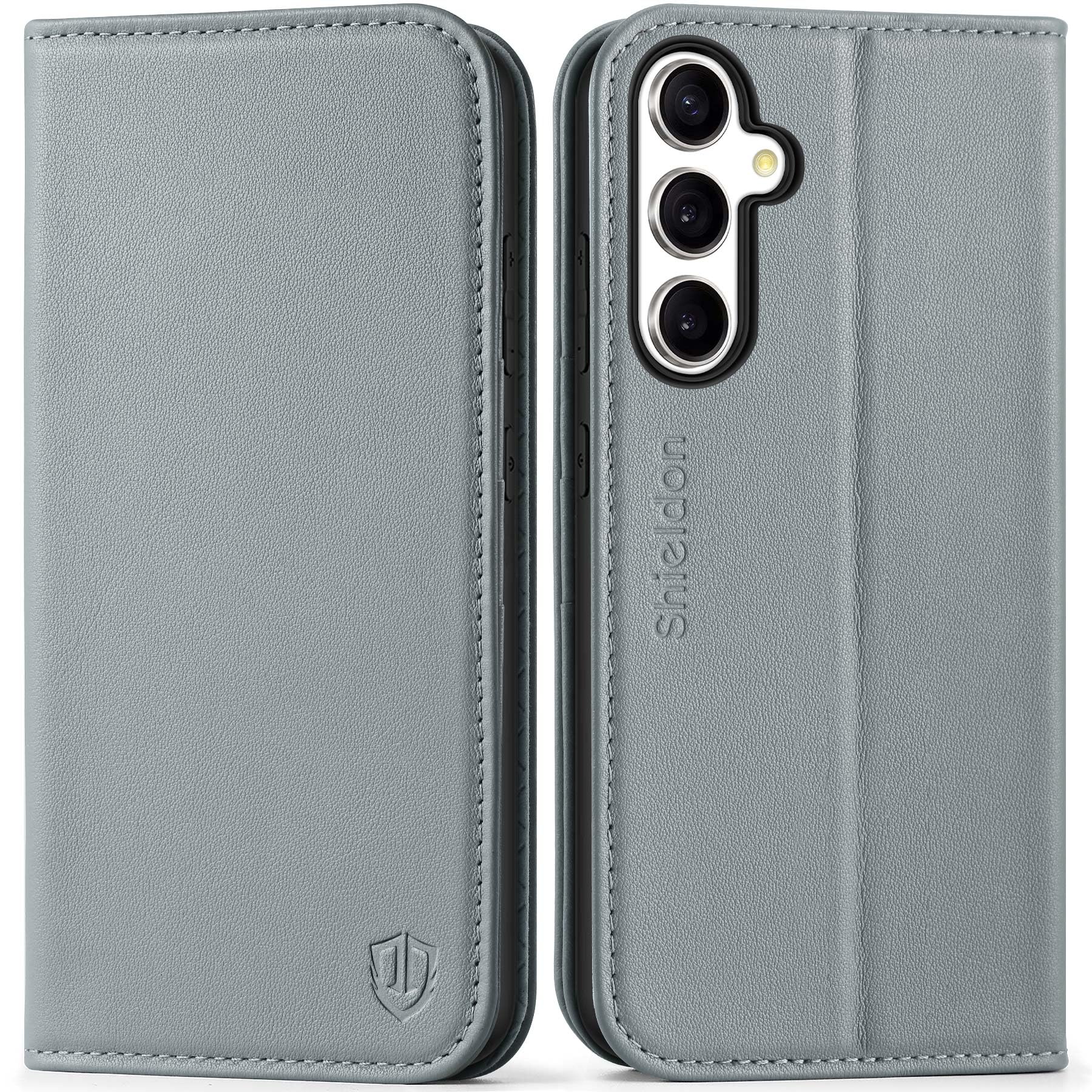 SHIELDON Case for Galaxy S24 FE 5G, Genuine Leather Wallet Folio Case with [Kickstand][RFID Blocking][Card Holder] Magnetic Full Protection Phone Case Compatible with Galaxy S24FE 6.7" 2024 - Gray