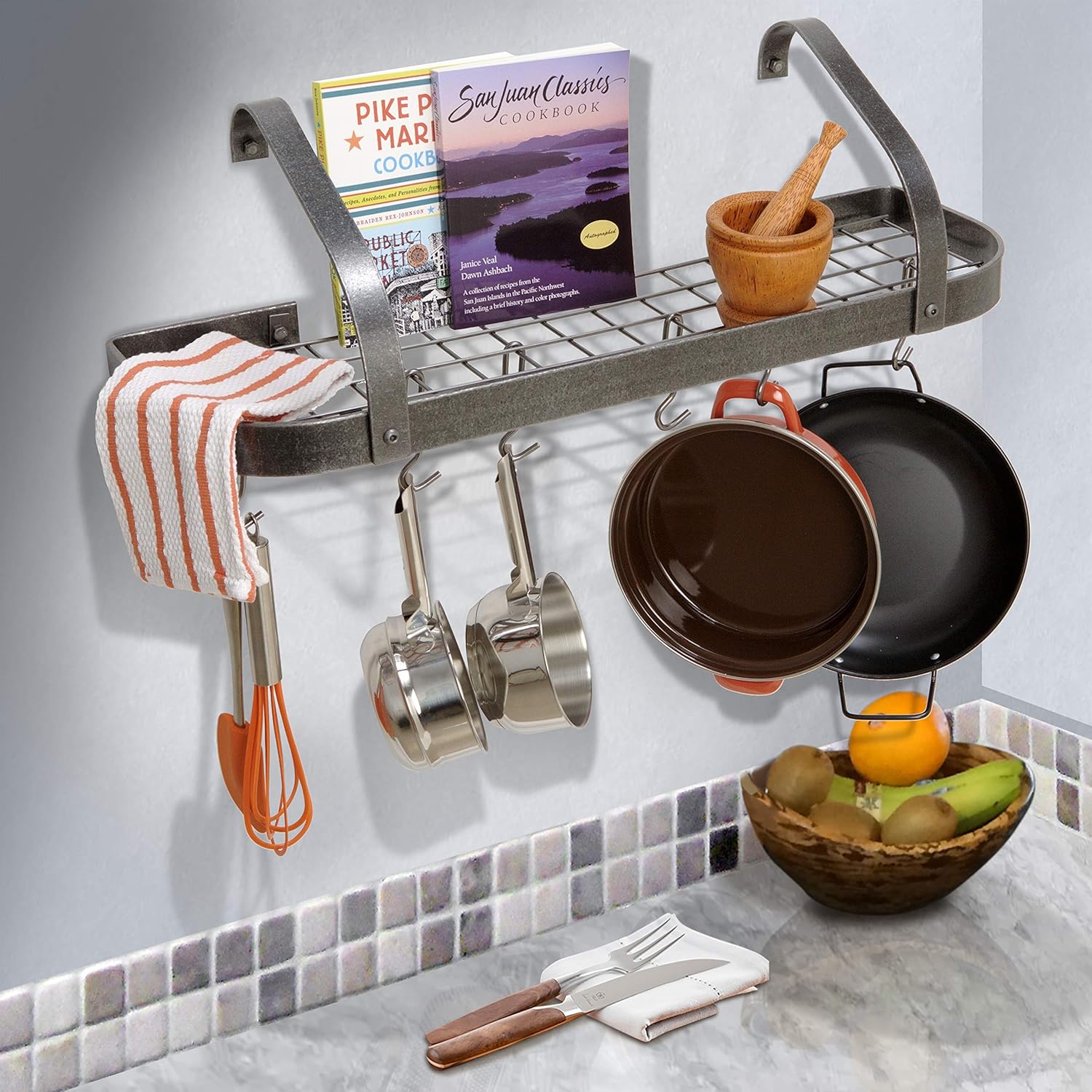Enclume Premier Elite Bookshelf Wall Pot Rack, Hammered Steel: Kitchen Pot Racks: Kitchen & Dining