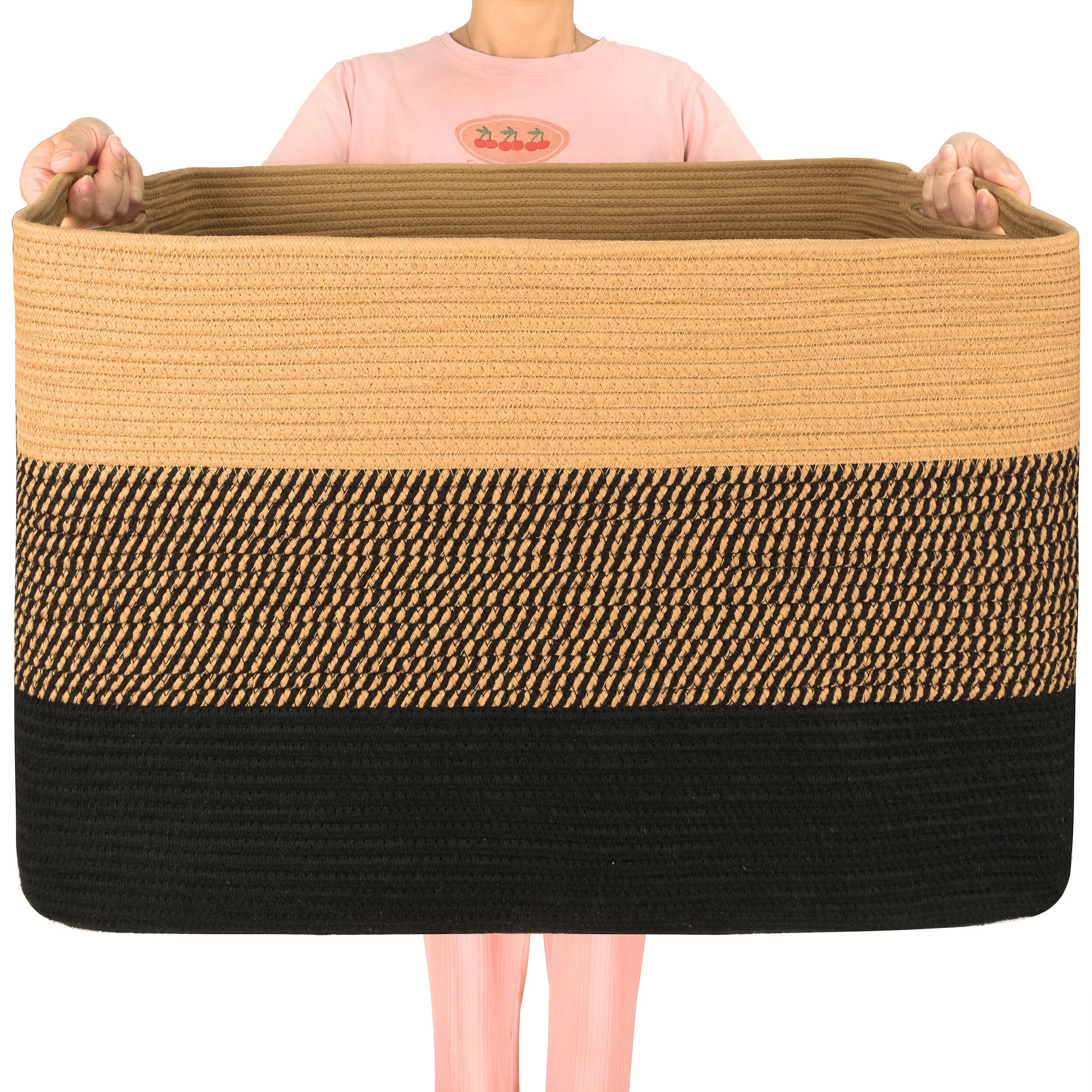 Photo 1 of MINTWOOD Design 112L Extra Large Blanket Basket Holder Living Room, 25"x17"x16" Rectangle Rope Woven Storage Basket with Handles for Laundry, Pool Towels, Shoes, Dog Toy Organizer Bin Box, Black Jute