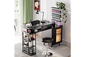 Kikihouse Manicure Table with LED Light, Nail Desk Nail Tech Table w/Dust Collector & Charging Station, Length Adjustable Nail Station w/Removable Acrylic Storage Shelf, Drawers & Cabinet, Black