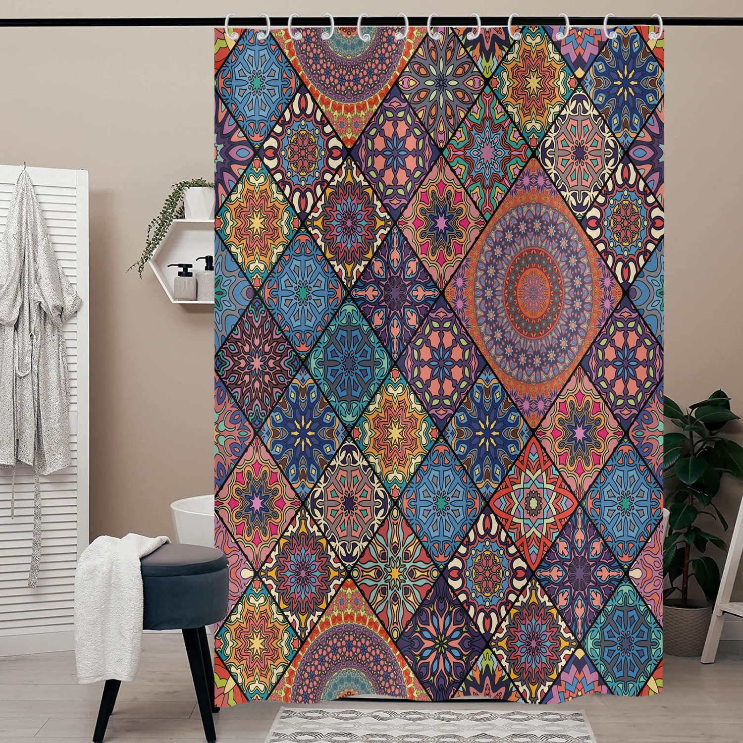 Boho Floral Shower Curtain 180x180, Hnmdmyi Bohemian Colorful Mandala Flower Ethnic Tribal Vintage Geometric Patchwork Aesthetic Art Bathroom Curtains Waterproof Polyester Fabric Washable Bath Curtain