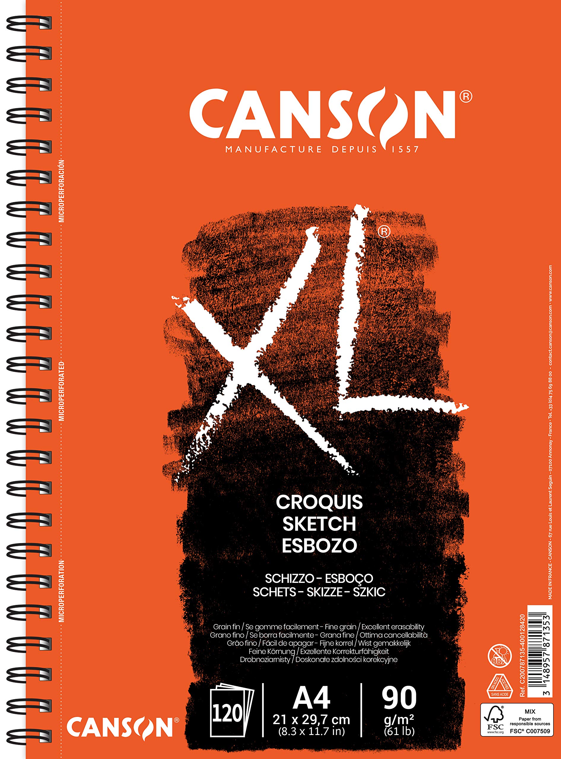 CANSON XL Sketch 90gsm A4 Paper, Fine Grain, Spiral Pad Long Side, 120 Sheets, for Professional Artists & Students