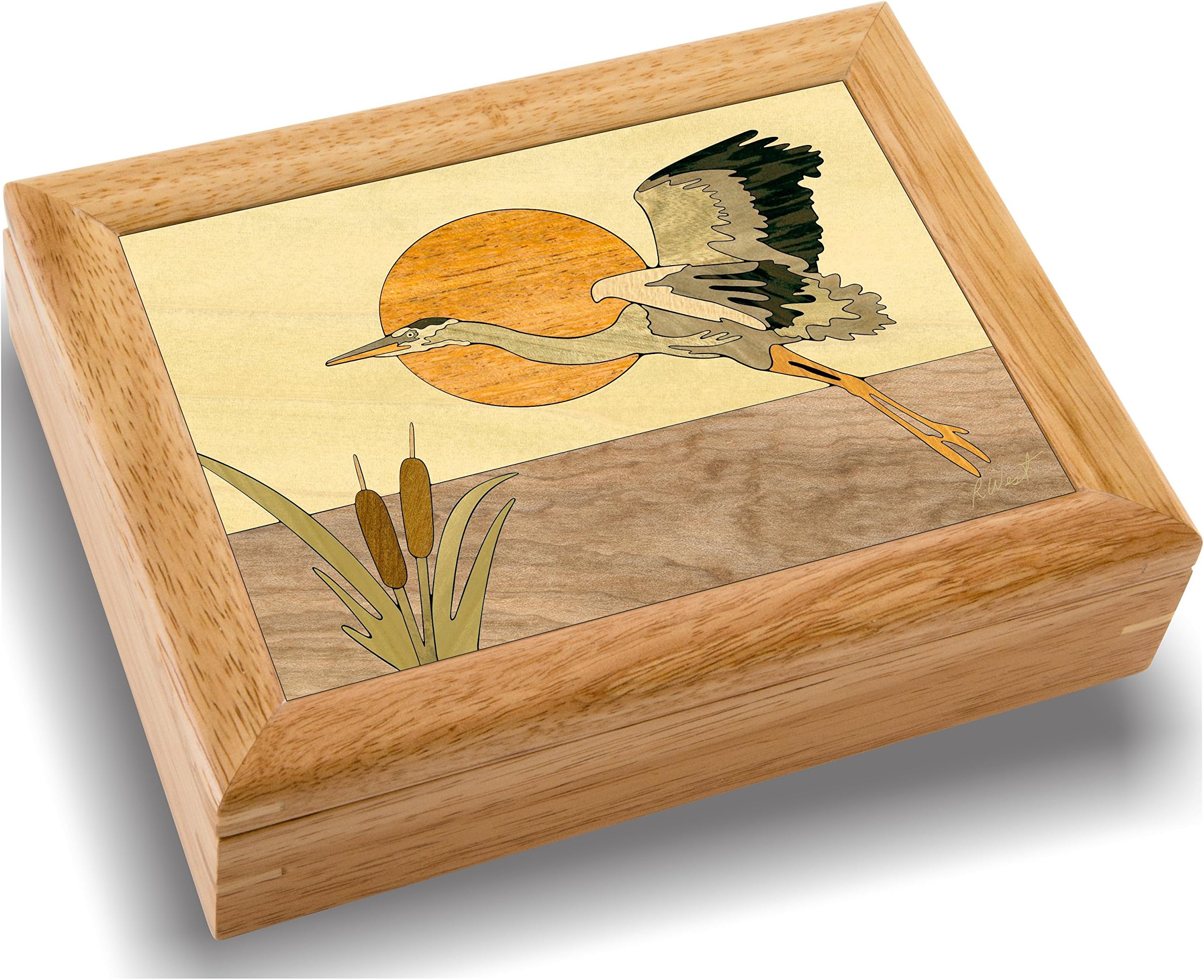 Handmade USA Heron Box - Unique, No Two are the Same - Original Wood Art. A Gift, Ring, Trinket or Jewelry Box (#2147 Heron Flying 6x8x2)