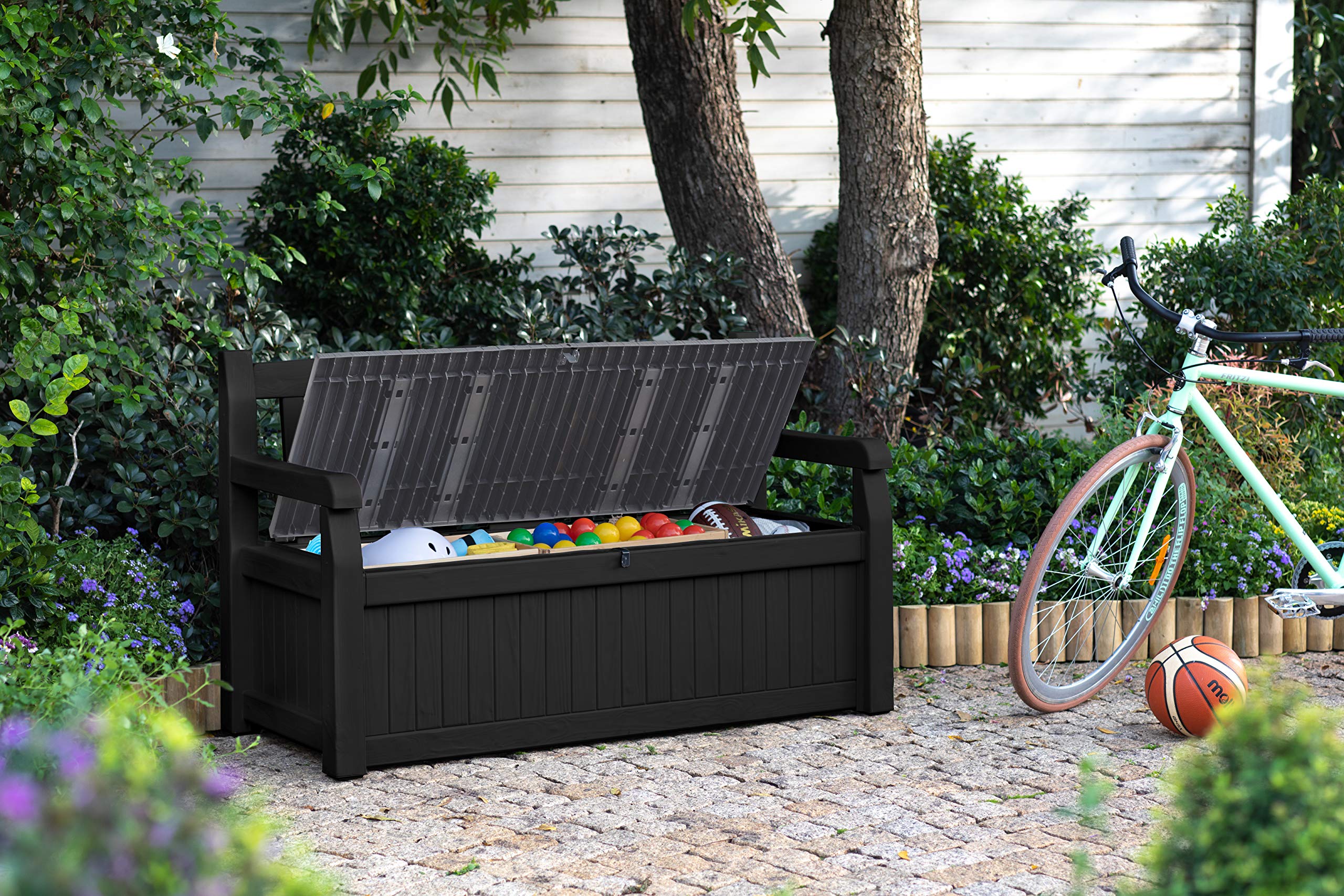 Keter Solana 70 Gallon Storage Bench Deck Box for Patio Furniture, Front Porch Decor and Outdoor Seating – Perfect to Store Garden Tools and Pool Toys, Grey