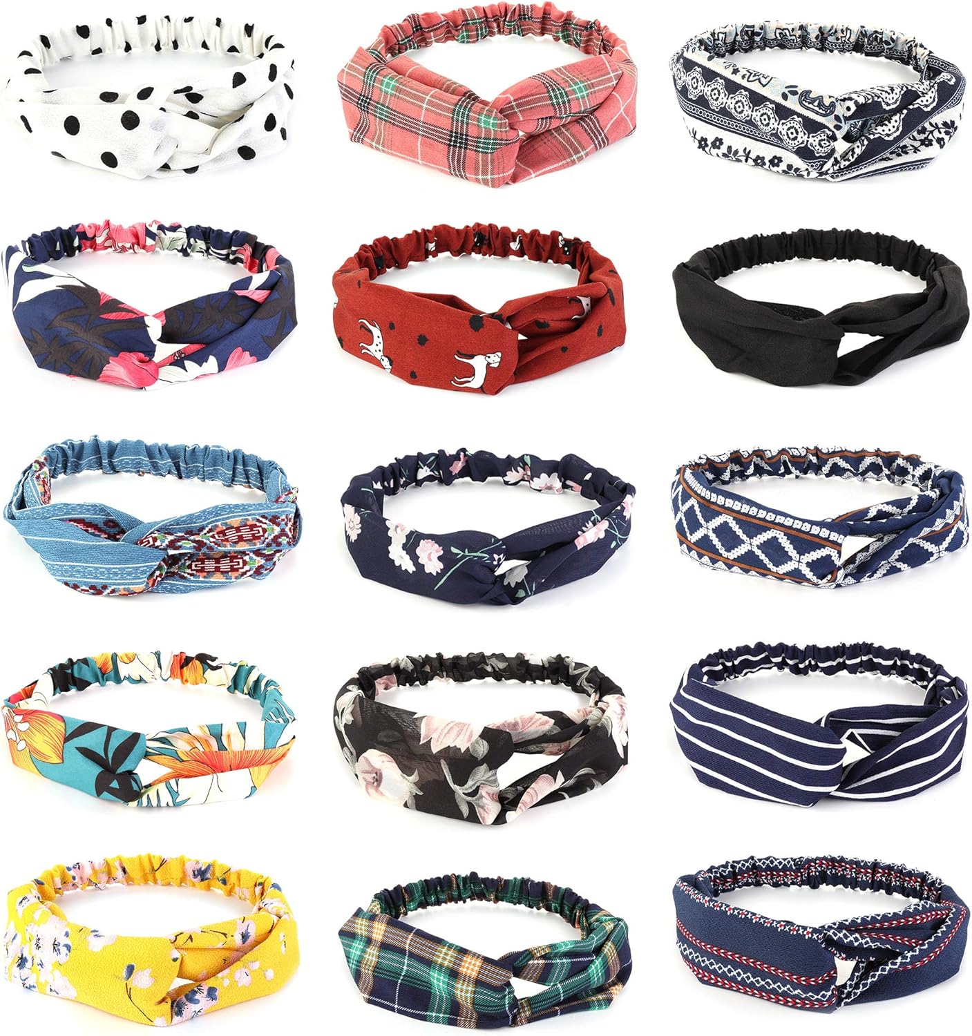 FIBO STEEL 15 Pcs Headbands for Women Wide Boho Knotted Yoga Head Wrap Hair Band Elastic