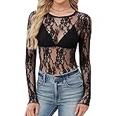 LOMON Womens Mesh Tops Lace Shirts Long Sleeve Crew Neck Sexy See Through Blouses Tee Party Club Night