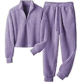 LTSCNRM Womens Winter Fleece Pajama Set Cozy 2 Piece Zip-Up Top & Lounge Pants Fluffy Warm Sleepwear with Pockets