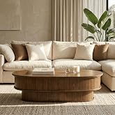 NTC Stream DOU Coffee Table, Modern Oval Wood Table with Removable Top Hidden Storage, Double-Layer Design with Vertical Groove Detail, Contemporary Center Table for Living Room, Dark Walnut