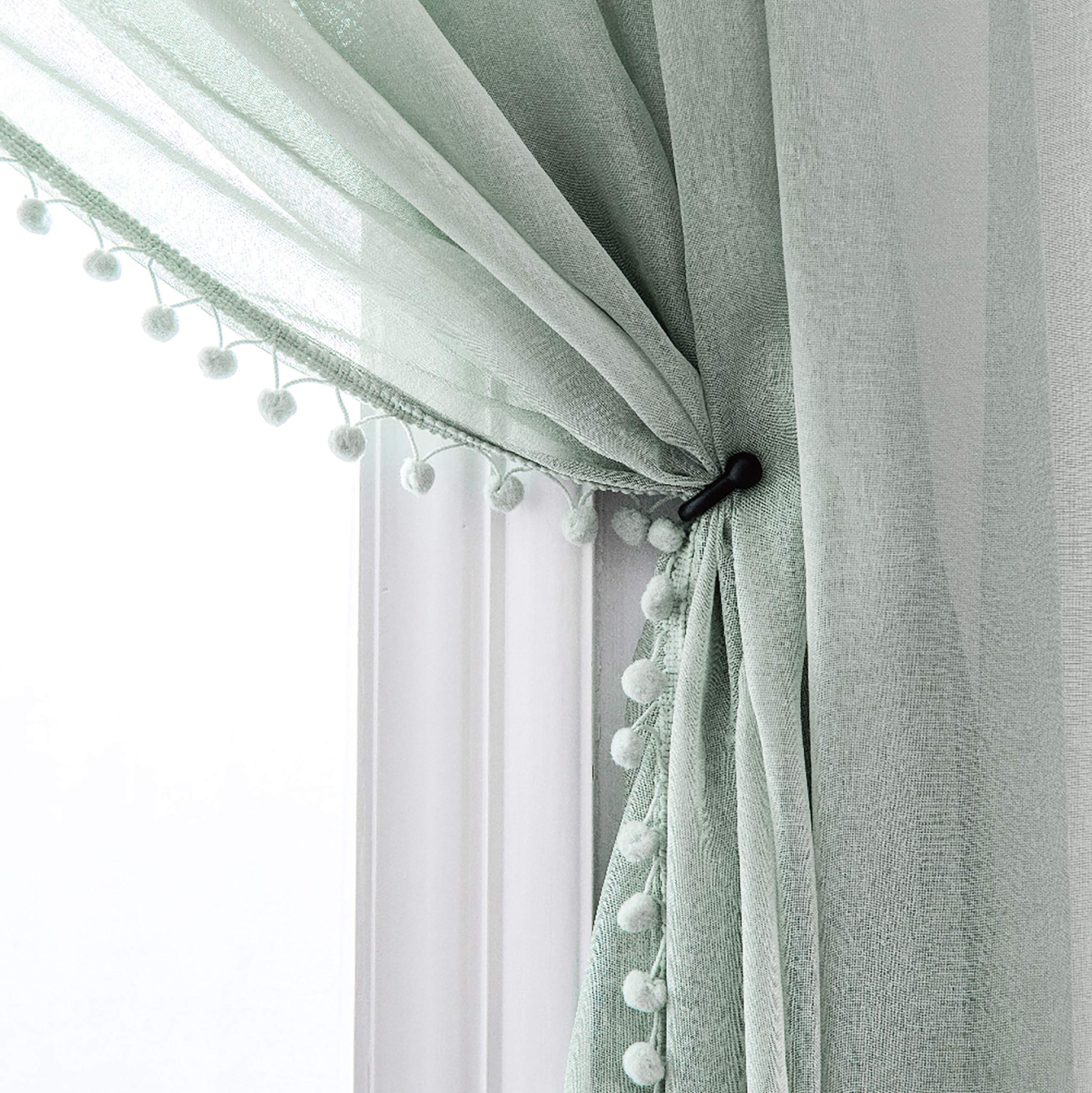 MISS SELECTEX Linen Look Pom Pom Tasseled Sheer Curtains - Rod Pocket Voile Semi-Sheer Curtains for Living and Bedroom, Set of 2 Curtain Panels (52 x 63 inch, Aqua)