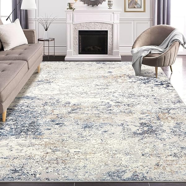 AREA RUG LIVING ROOM RUGS – 9X12 ABSTRACT LARGE SOFT INDOOR WASHABLE RUG NEUTRAL MODERN LOW PILE CARPET FOR BEDROOM DINING ROOM FARMHOUSE HOME OFFICE – BEIGE BLUE