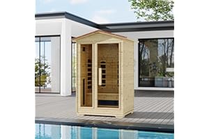 BNEHS 2 Person Outdoor Infrared Sauna - 3D Fast Heating Home Spa Sauna w/Chromotherapy Light, Wooden Sauna Room Kit w/Bluetooth Speaker (CE Certified,110V)