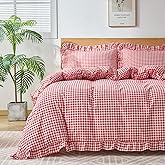 kisswish Gingham Duvet Cover Queen Size, 3 Pieces Soft Breathable Microfiber Plaid Comforter Cover with Zipper Closure & 2 Pillow Shams, Ruffle Farmhouse Vintage Decor, Red