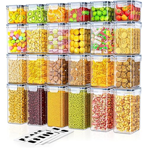 Storivo 24 Pack Airtight Kitchen Food Containers – BPA-Free Cereal Storage Containers & Food Storage Containers for Flour, Sugar & Baking Supplies, with 24 Labels & Marker (33.6L)