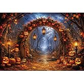 Felortte Halloween Backdrop Spooky Enchanted Forest Archway with Jack-O-Lanterns and Autumn Leaves Polyester Photography Background for Halloween Party Decor Pumpkin Patch Photo Booth Prop 7x5ft
