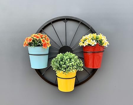 Maple Craft Metal Round Wheel Planter Bucket, Black, 16X5X16 Inch