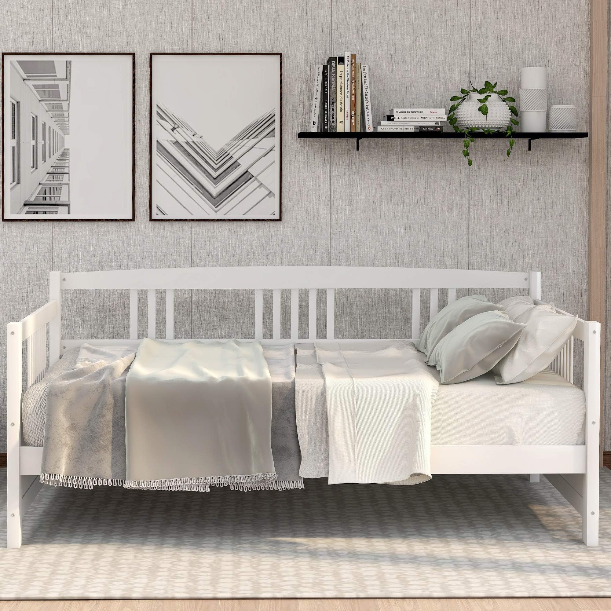 FLIEKS Twin Size Wooden Daybed, Multi-Functional Solid Wood Daybed with 10 Wooden Slats Support (White)