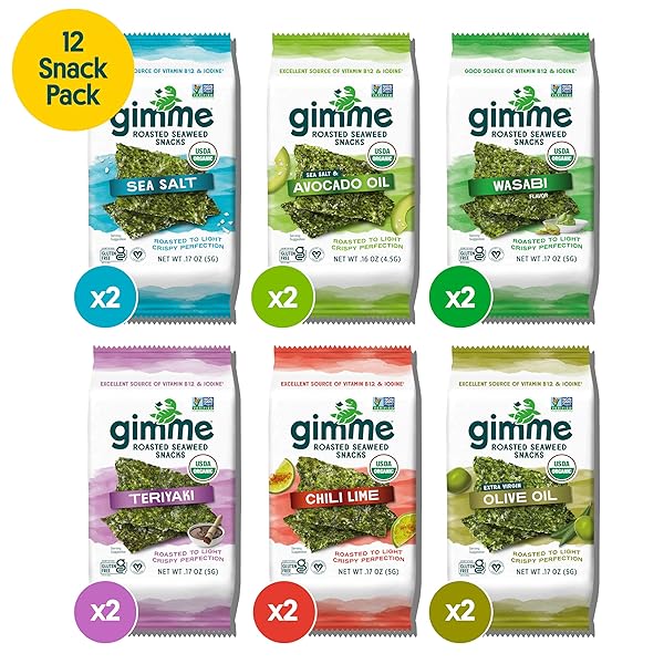 GIMME SEAWEED ORGANIC PREMIUM ROASTED SEAWEED SNACKS, NEW 6 FLAVOR VARIETY PACK, 12 COUNT (2 EACH) KETO, VEGAN, GLUTEN-FREE, SOURCE OF OMEGA3S AND IODINE, HEALTHY ON-THE-GO SNACK FOR KIDS AND ADULTS
