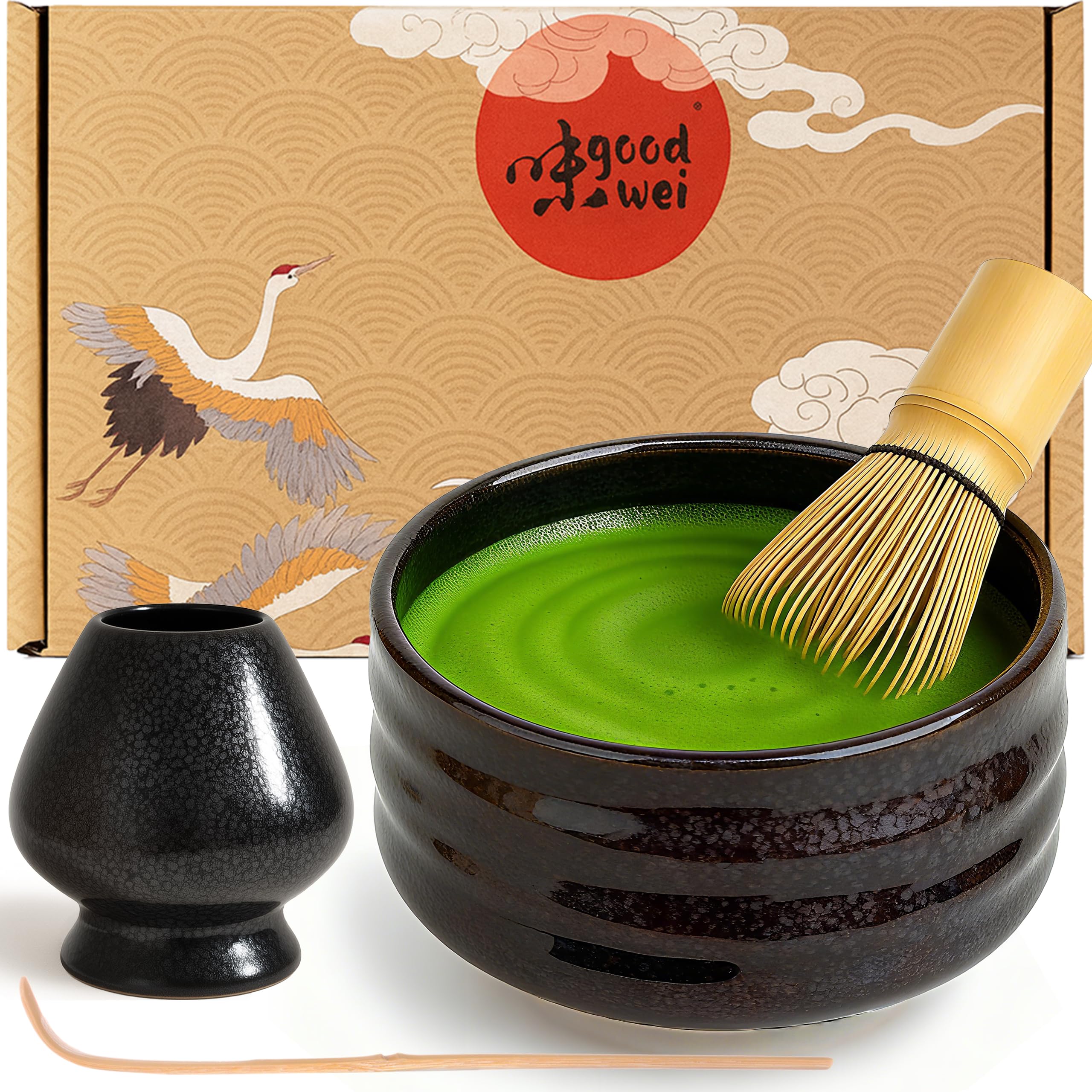 Goodwei Matcha Set with Matcha Whisk, Spoon and Ceramic Matcha Bowl with Whisk Holder in Matching Design | Artisanal Matcha Tea Bowl Chawan | Gift Set (Tetsu, 80) — image 1