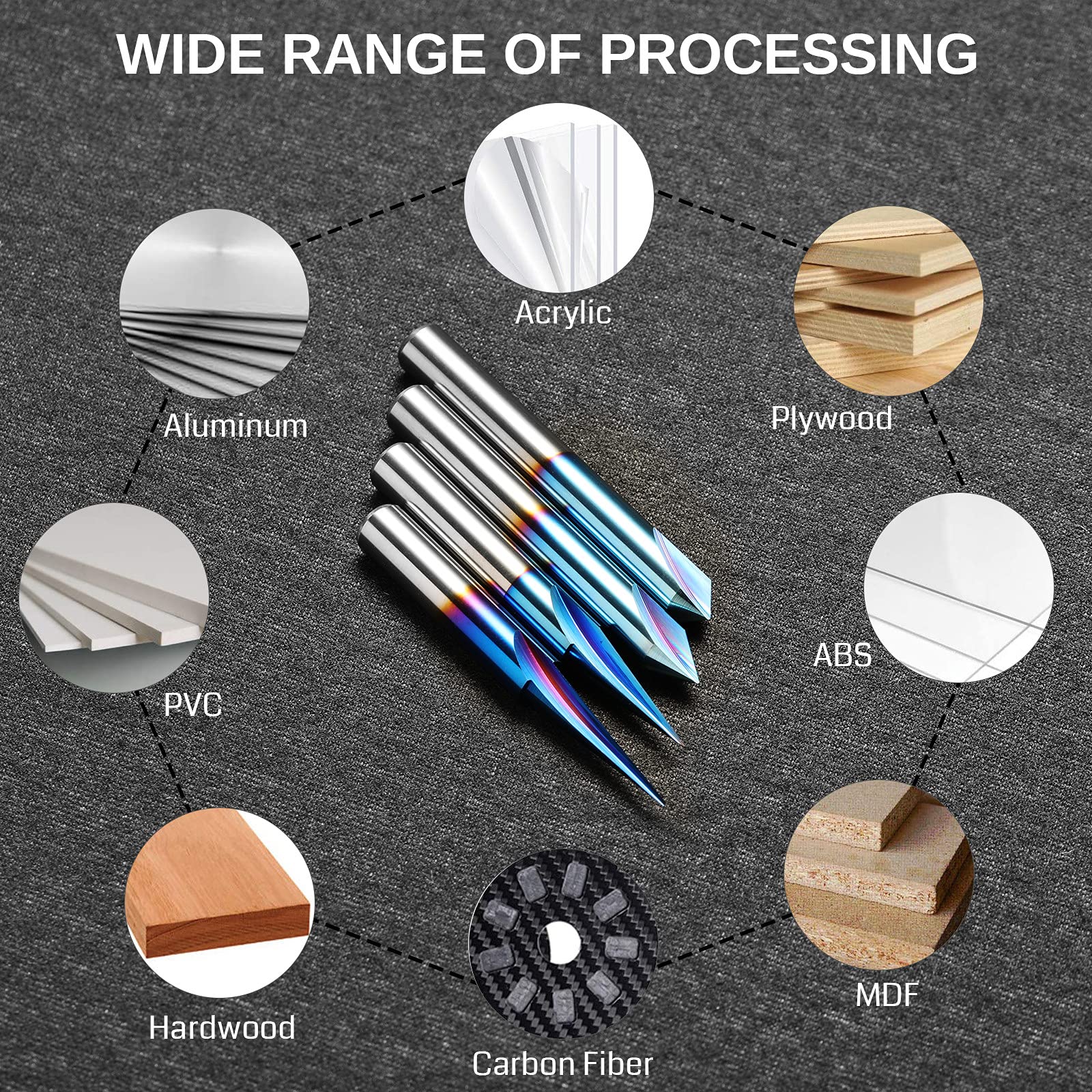 CNC Wood Carving Router Bits Set, 1/4'' Shank, 4 PCS, 15° Detail Carving Liner+ 20° Profile bit+ 60° & 90° V Groove, WC04A