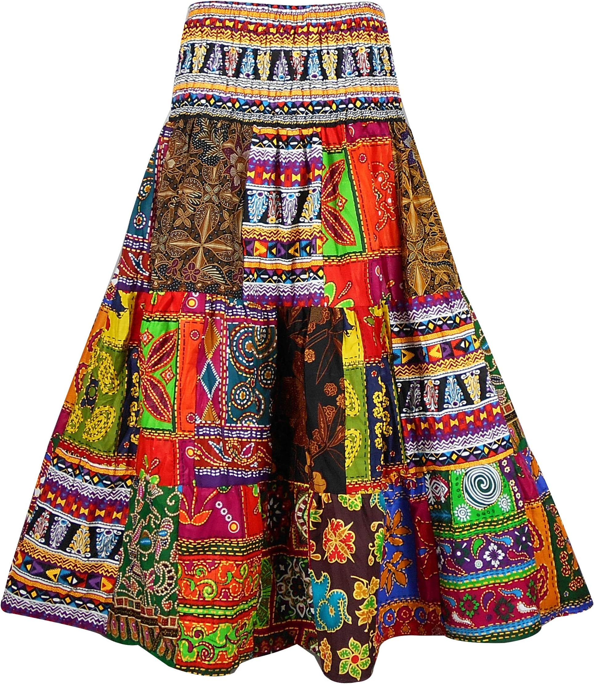 BONYA Women's Hippie Boho Colorful Patchwork Smocked Stretch Waist Tiered Long Skirt (Color34)