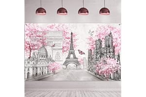 SUMIND Paris Tapestry Wall Backdrop Eiffel Tower Photo Banner Background European City Landscape Pink Wall Hanging Decor for Living Room Girl Bedroom Paris Themed Party Decoration, 72.8 x 43.3 Inch