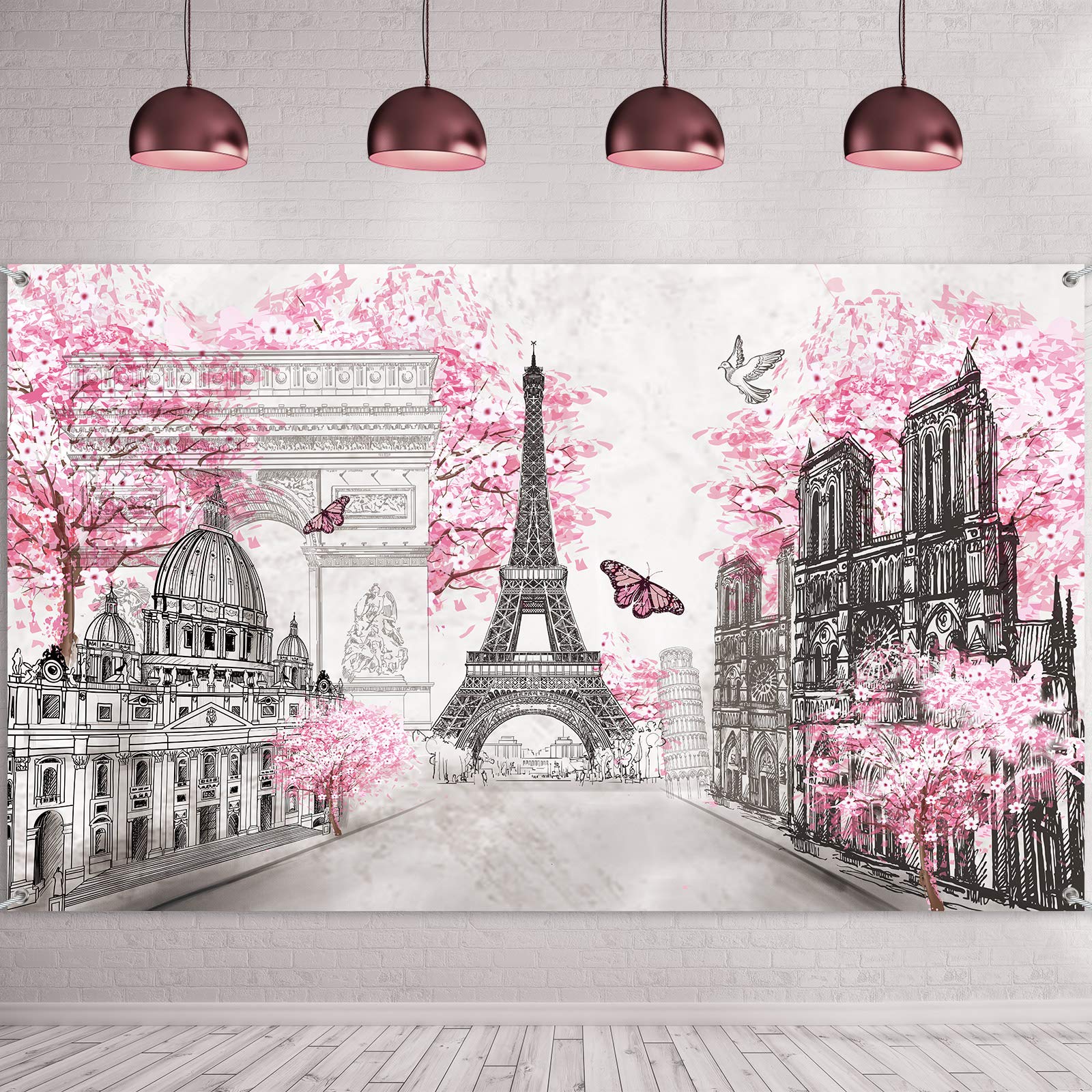 Photo 1 of Paris Tapestry Wall Backdrop Eiffel Tower Photo Banner Background European City Landscape Pink Wall Hanging Decor for Living Room Girl Bedroom Paris Themed Party Decoration, 72.8 x 43.3 Inch