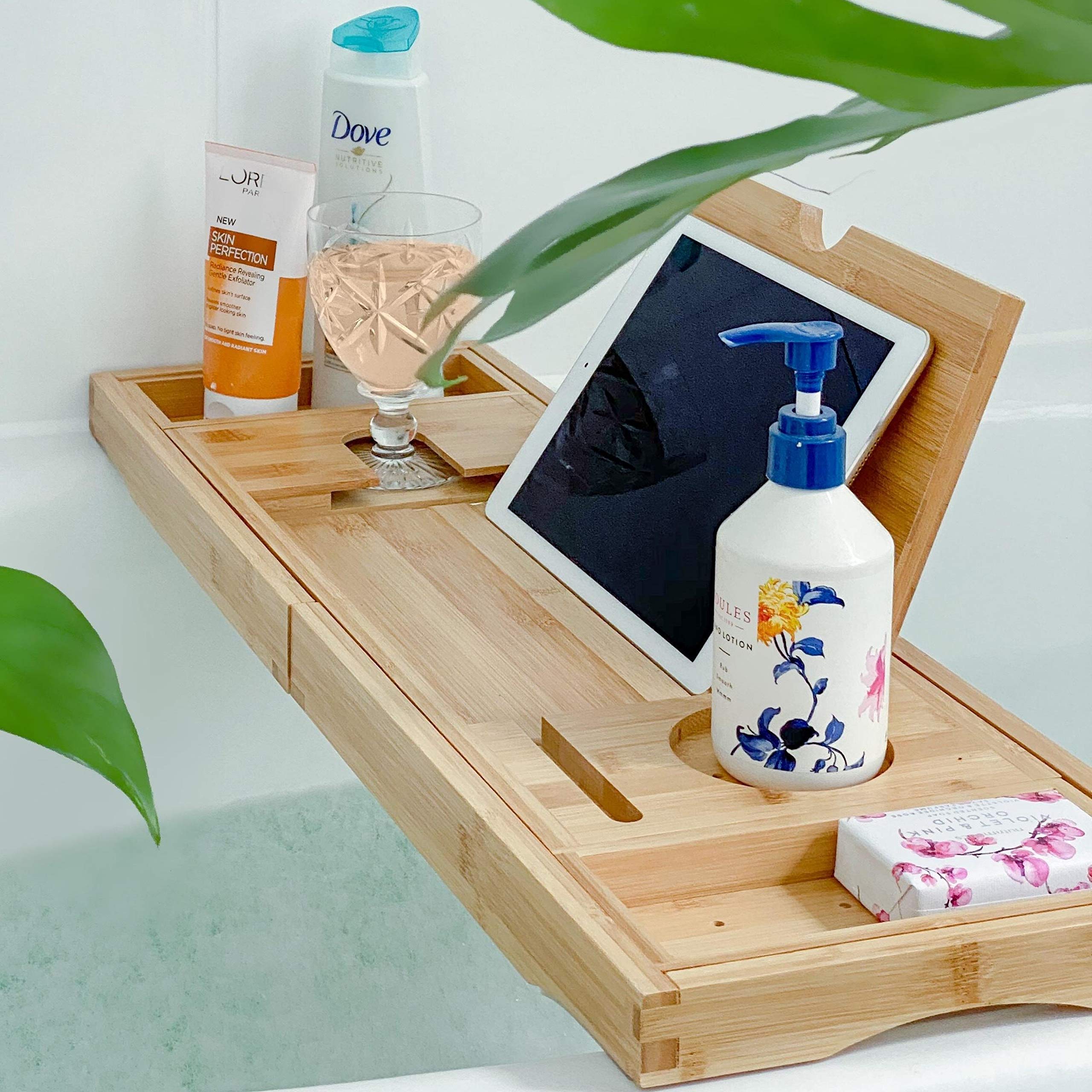 Deep Calm Bath Caddy – Foldable, Extendable Bath Tray Holds Book, iPad, Tablet, Phone, Wine Glass, Candle - Adjustable Bathtub Table – Luxury, Natural Bamboo Bath Shelf (Natural)