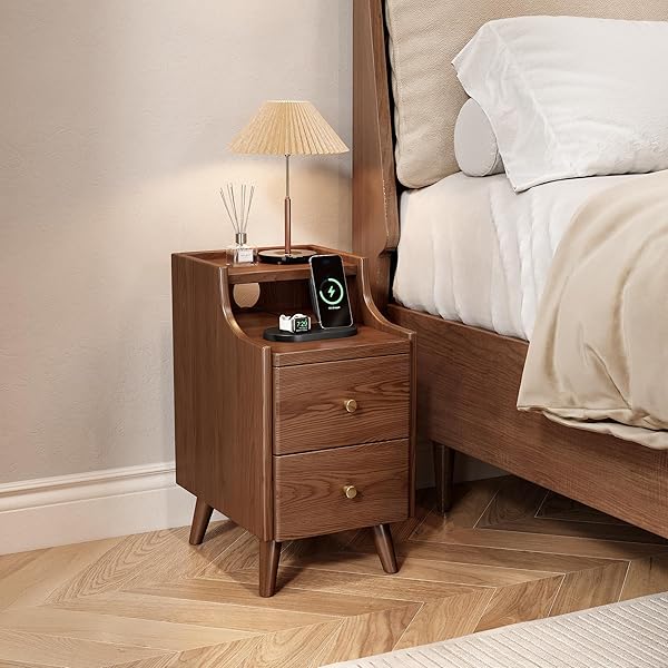 NARROW NIGHTSTAND WITH DRAWERS, 11.8″ SLIM SOLID WOOD...