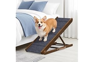 PATHOSIO PETS Adjustable Dog Ramp for Bed - Foldable Wooden Ramp for Dogs to Get on Bed, Couch, or Car with 13.4" Wide Walking Space (Walnut Wood with Gray Carpet, Medium)