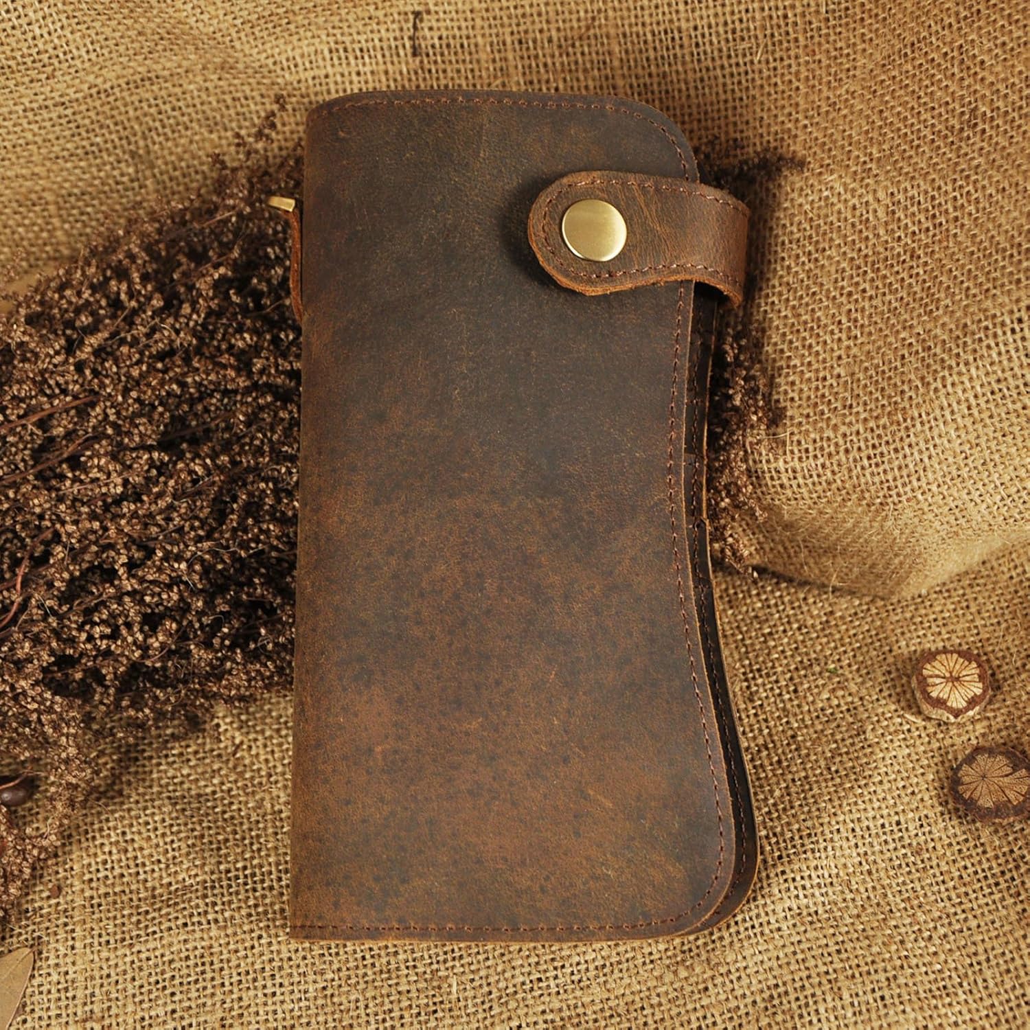 Le'aokuu Mens Genuine Leather Bifold Wallet Organizer Checkbook Iron Chain 1088 Brown - Image 3