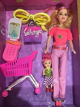 SLYTEK Cute Two Dolls (One Mom and One Baby) with Style Wardrobe Fashionable Accessories with Goggles, Cycle Kart, Mobile and Bag for Baby Girls