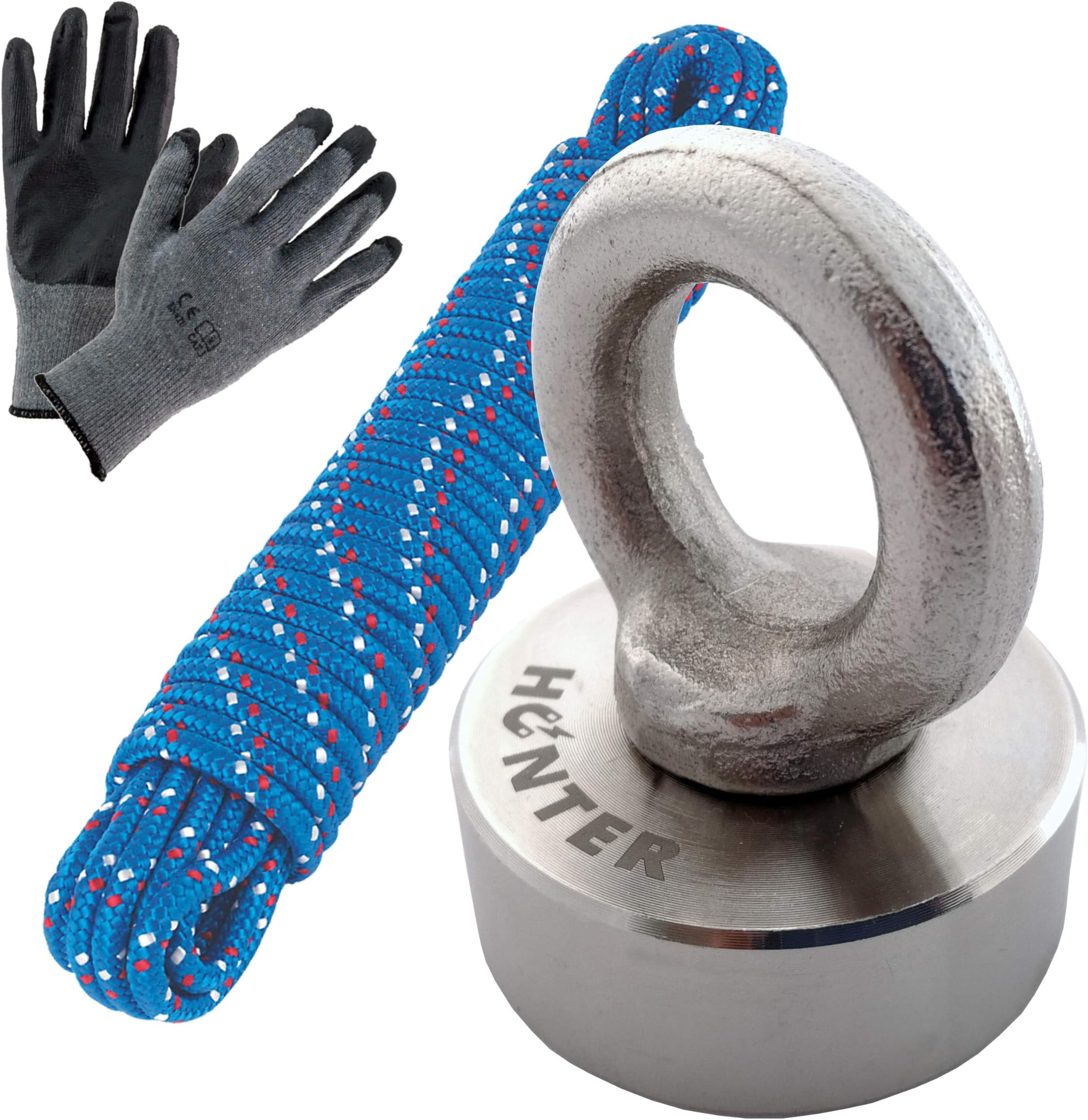 Hunter. Powerful Neodymium Fishing Magnet with Eyebolt, N52 Pulling Force 80kg Diameter 40mm Thick 15mm Set with Rope 25m Long and Gloves, Treasure Hunting Pot Recovery Magnets