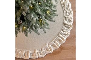KHOYIME White Knitted Christmas Tree Skirt 48 Inches, Rustic Vintage Large Xmas Tree Rug Skirt Chunky Thick Knit Boho Under T