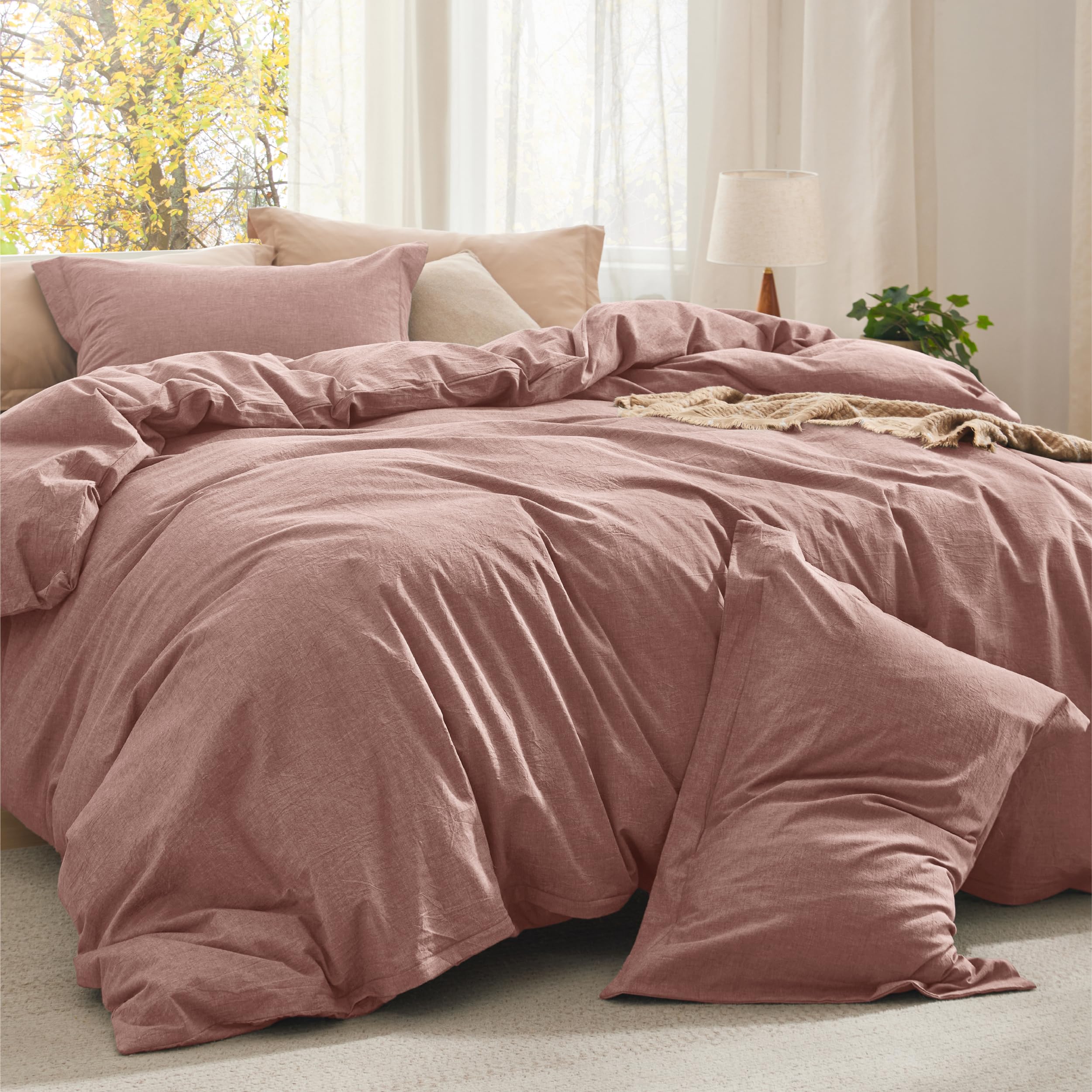 Photo 1 of Bedsure Comforter Set Queen Size - Cotton Fabric with Microfiber Inner Fill, Pink Clay Soft Bed Set for All Seasons, 3 Pieces, 1 Comforter (90" x 90") and 2 Pillow Cases (20" x 26")